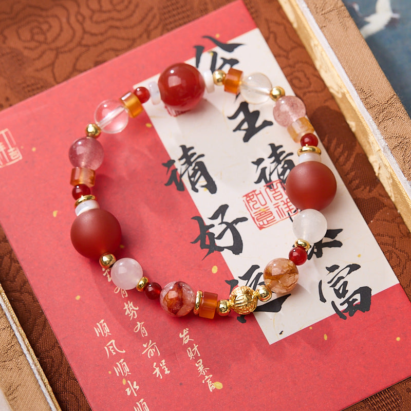 Zensoullab Natural Frosted Red Agate Red Sealant Flower Duobao Crystal Bracelet Lucky Koi Plastic Flower Bracelet for Women