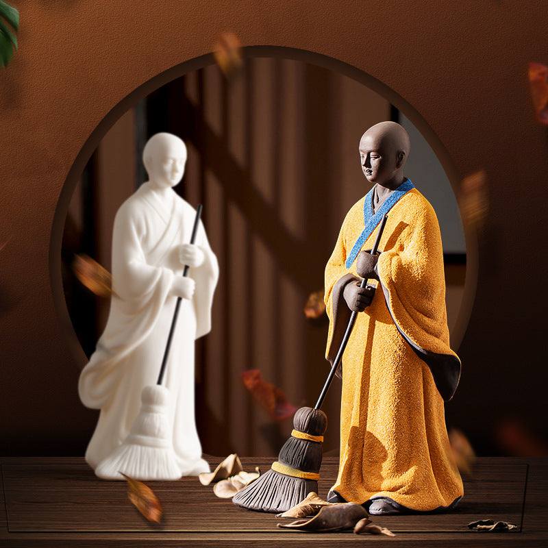zensoullab Sweeping Monk Ceramic Little Monk Creative Ornament Chinese Style Study Office Zen Desktop Decoration Craft Display