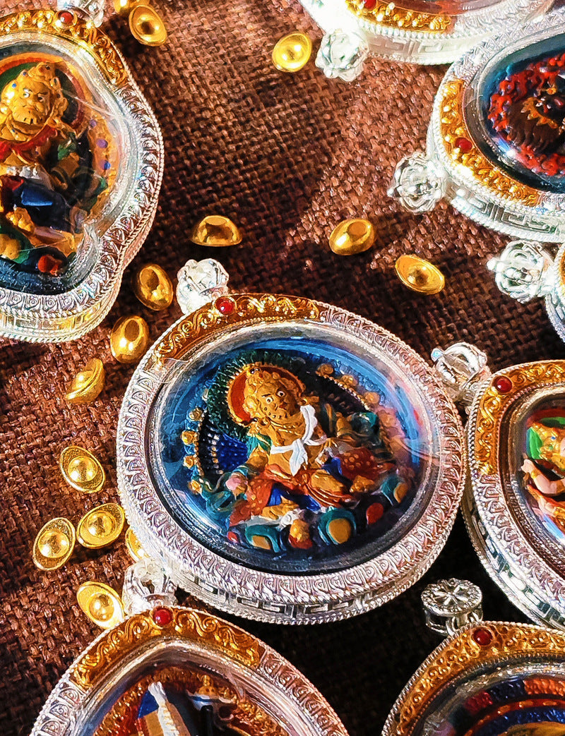 zensoullab Hand-painted Rubbing Thangka Three-dimensional Painted Black God of Wealth Gawu Box Pendant Necklace Zakiram Buddha Amulet