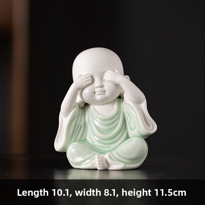 zensoullab Chinese Zen Style Four Little Monks Figurines Ceramic Characters Buddhist Home Living Room Curio Cabinet Decorations Micro Landscape