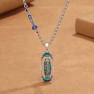 zensoullab Vintage Ethnic Landscape Thai Blue Enamel Nine-Eyed Dzi Bead Lotus Prayer Wheel Necklace for Women Exquisite Versatile Creative Jewelry