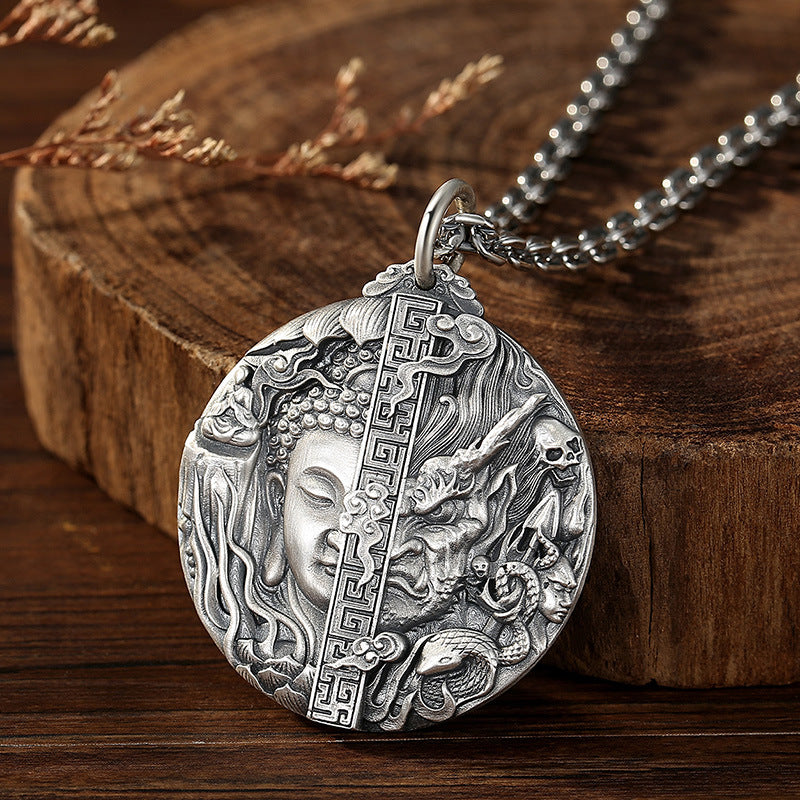 zensoullab Thai Silver Vintage Buddha and Demon One Thought Pendant Men's Solid Vintage Round Large Buddha Pendant Chinese Style Necklace