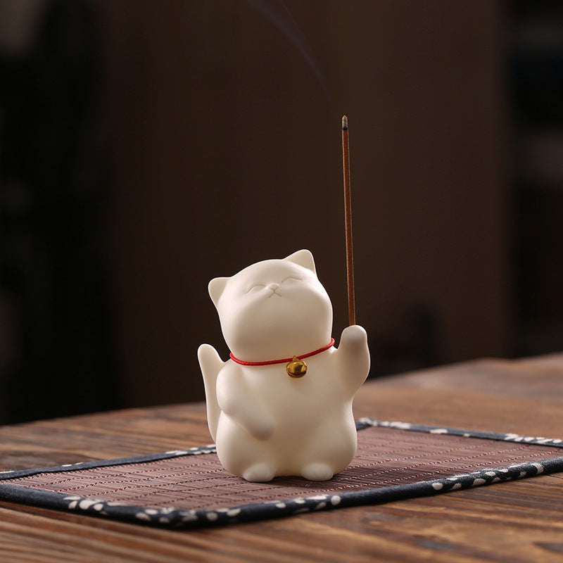 Zensoullab Creative Cute Lucky Cat Ceramic Decoration Cute Cat Tea Ornaments Pen Holder Home Indoor Sandalwood Incense Stick Holder Incense Ceremony Incense Holder