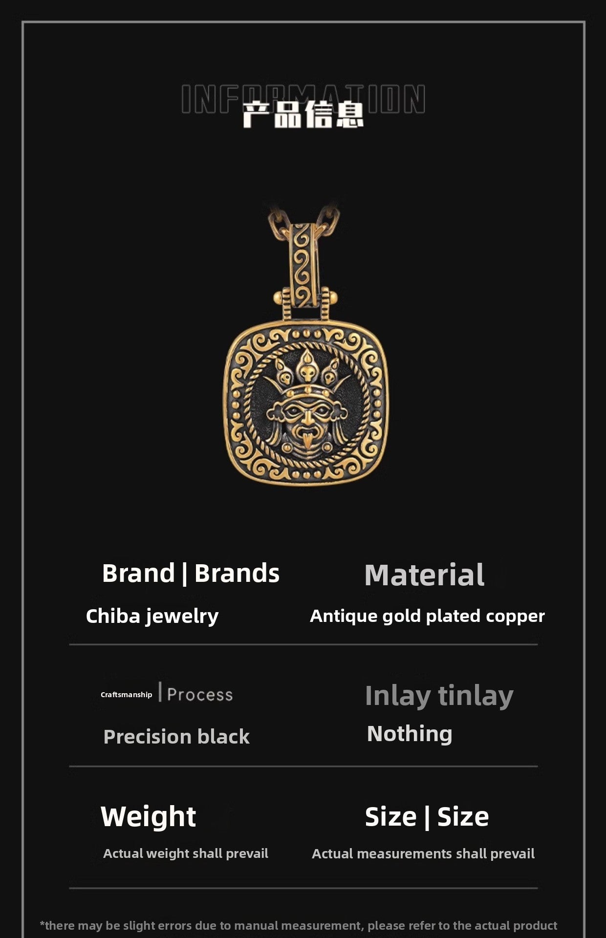 zensoullab Vintage Black Gold Pendant for Women Copper Plated Ancient Gold Pendant Hanging Pendant Zakiram Men's Trendy High-end Necklace