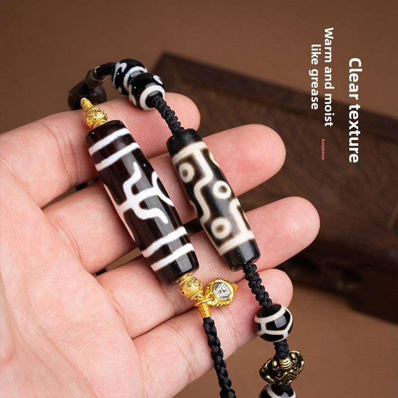 zensoullab Tibetan Nine-Eyed Dzi Bead Necklace with Layered Patina Multi-Totem Agate Pendant Couple Style Woven Necklace