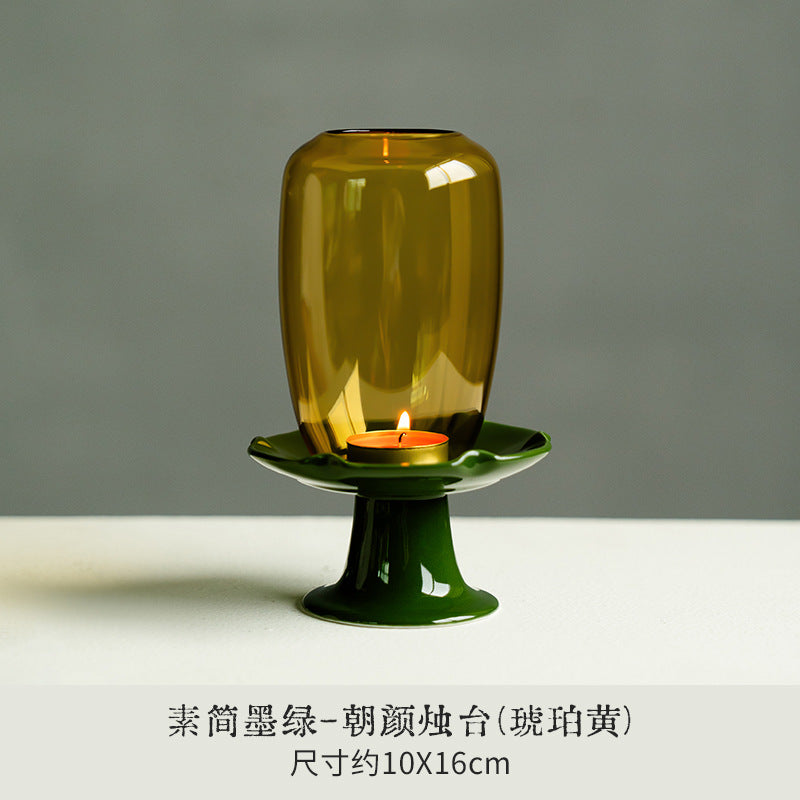 zensoullab New Chinese Style Forbidden City Red Morning Glory Candle Holder Ceramic Base Zen Glass Lampshade Aromatherapy Home Tea Ceremony Accessories Ornament