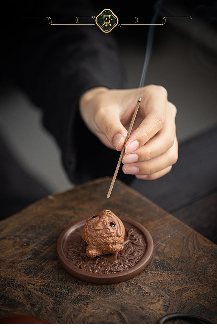 zensoullab Creative Ceramic Cute Fortune Golden Toad Purple Clay Tea Pet Ornament Aromatherapy Burner Home Indoor Incense Holder Incense Stand Incense Ceremony