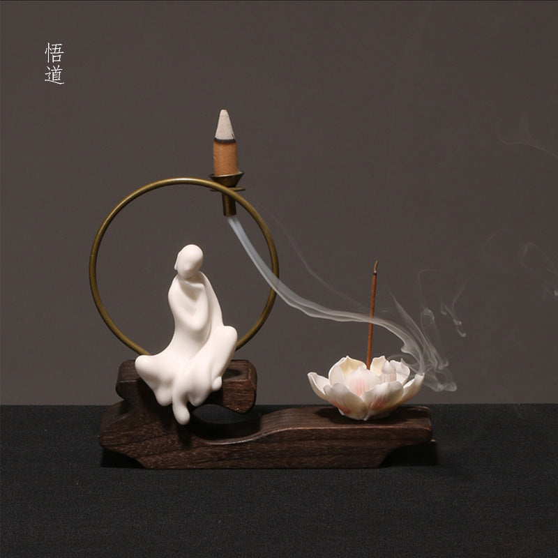 zensoullab Creative Chinese Ceramic Ornament Phaseless Buddha Statue Home Backflow Incense Burner Sandalwood Aromatherapy Burner Incense Holder Incense Device Wooden Incense Stand