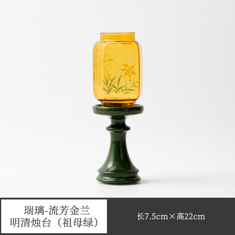 zensoullab Flowing Fragrance Golden Orchid Ming Qing Glass Candle Holder Lamp Zen Tea Room Atmosphere Lamp Home Floor Candle Lamp Decorative Ornament