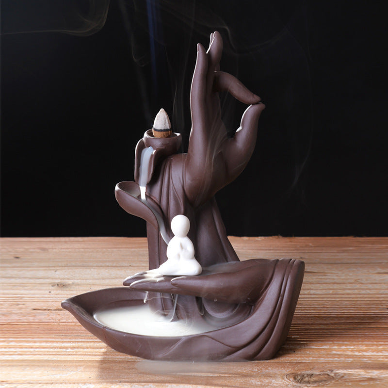 zensoullab Creative Backflow Incense Burner Home Purple Clay Flow Incense Burner Indoor Ornament Ceramic Buddha Hand Incense Burner Home Decor