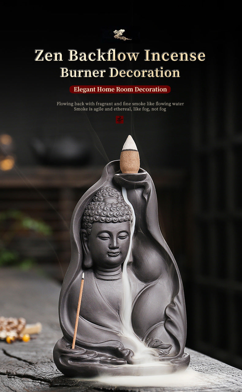zensoullab Purple Clay Sandalwood Backflow Incense Burner Creative Bodhi Leaf Tathagata Buddha Smoke Backflow Incense Burner Craft Ornament