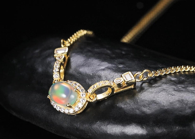 zensoullabs 925 Sterling Silver Inlaid Natural Opal Cabochon Pendant for Women Vintage Light Luxury Palace Style Necklace Accessory