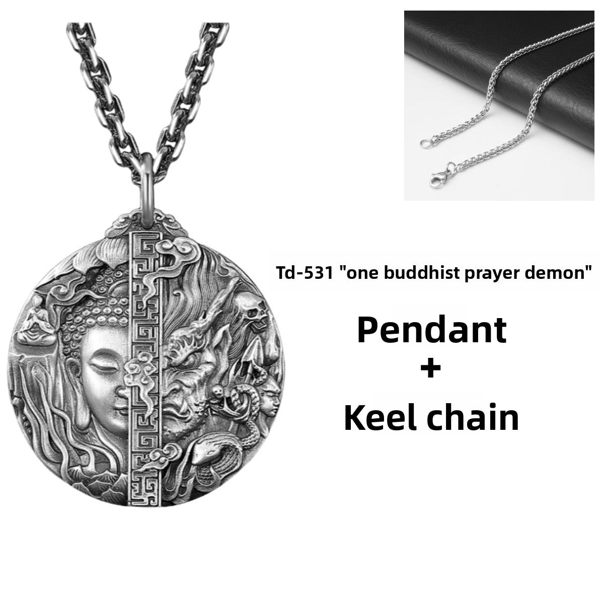 zensoullab Thai Silver Vintage Buddha and Demon One Thought Pendant Men's Solid Vintage Round Large Buddha Pendant Chinese Style Necklace