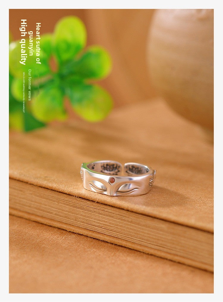 zensoullab Ethnic Style Buddha Silence Ring for Women, Niche Design Thai Silver Lotus Heart Sutra Guanyin Vintage Open Ring