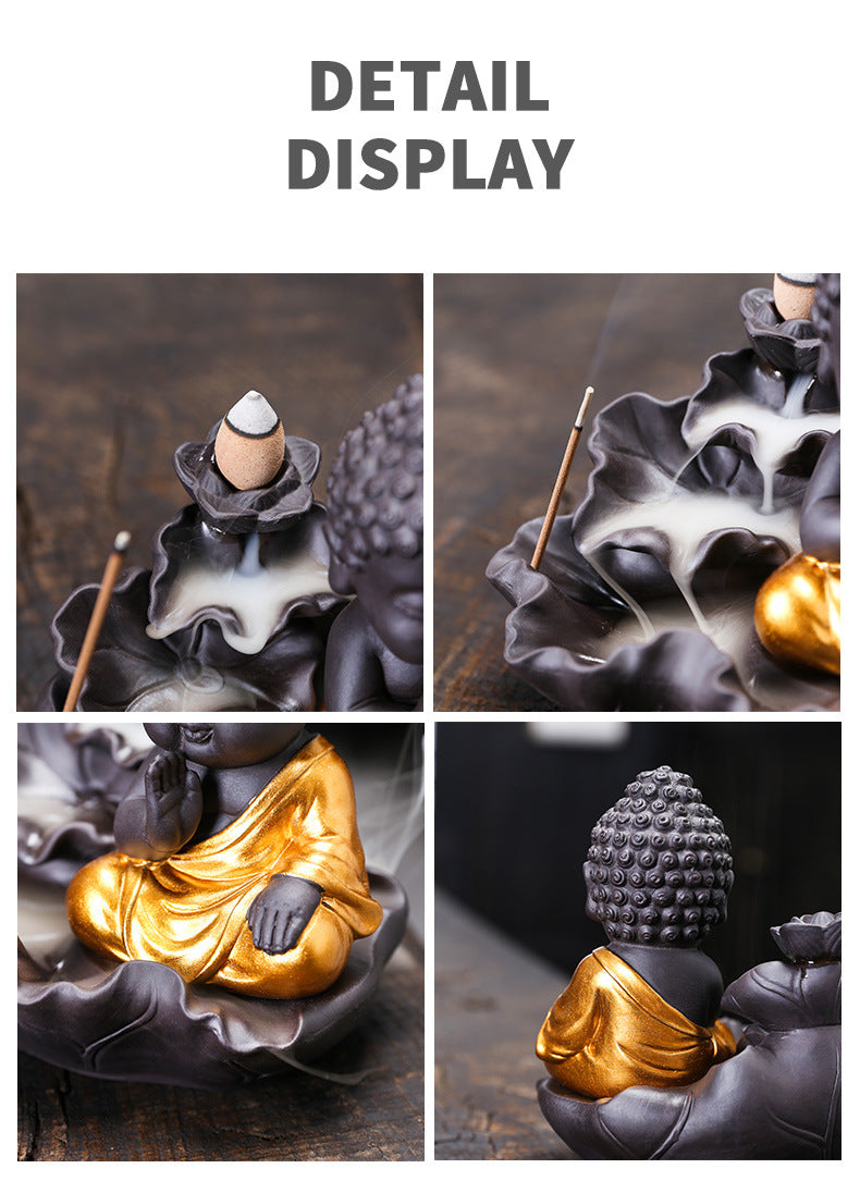 zensoullab Purple Clay Lotus Leaf Backflow Incense Burner Home Decor Creative Lotus Gold-Plated Buddha Incense Backflow Burner