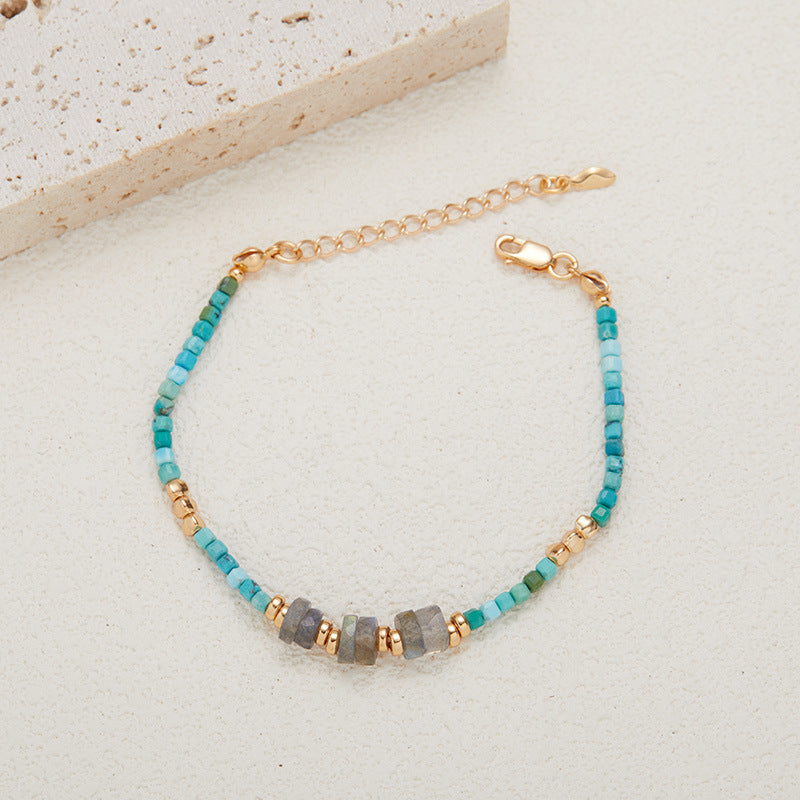 zensoullab Niche Design S925 Sterling Silver Natural Turquoise Labradorite Gemstone Beaded Necklace for Women Versatile Collarbone Chain