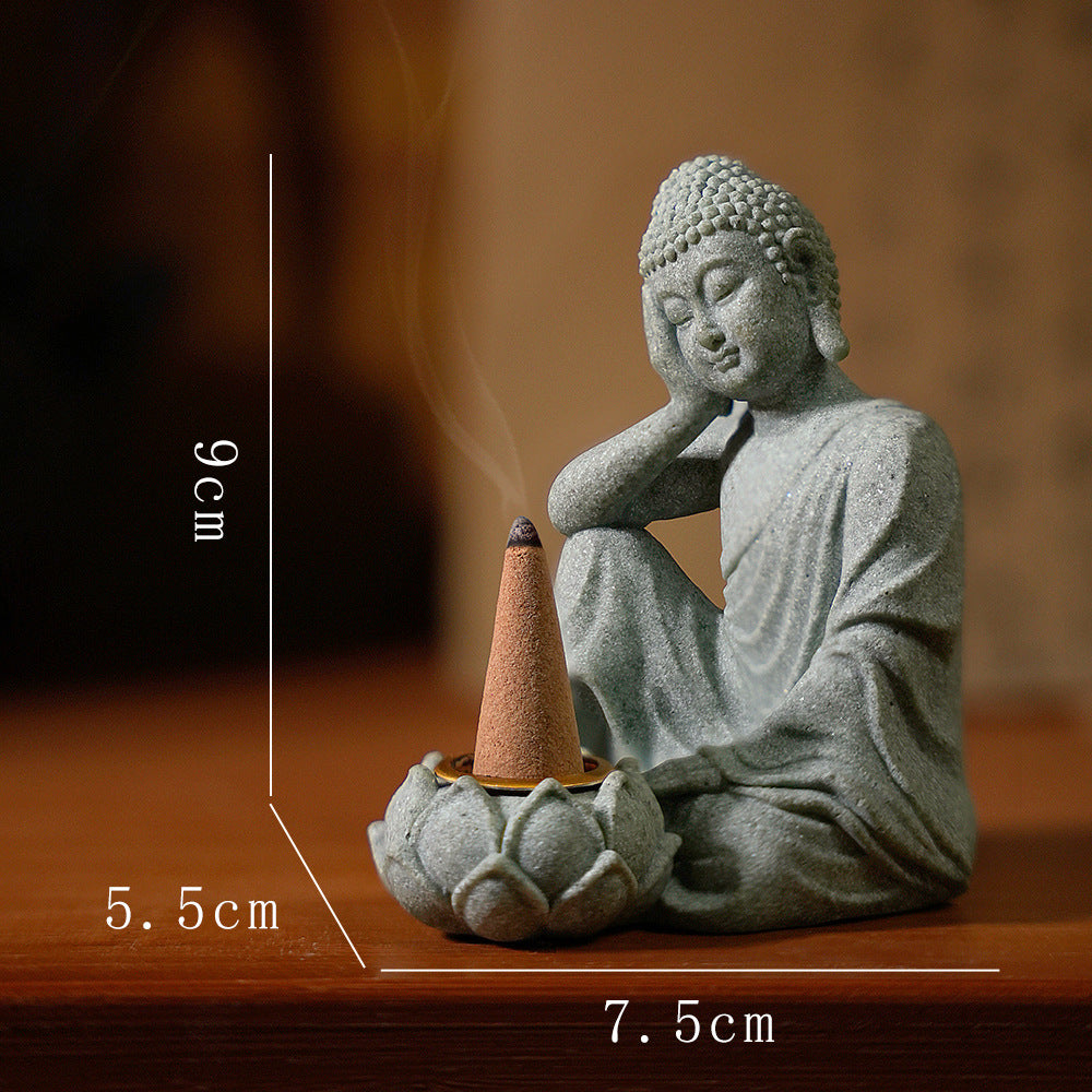 zensoullab New Green Sand Stone Buddha Statue Ornament Aromatherapy Decoration Living Room Zen Tea Tabletop Stone Small Sitting Buddha Incense Burner Ornament