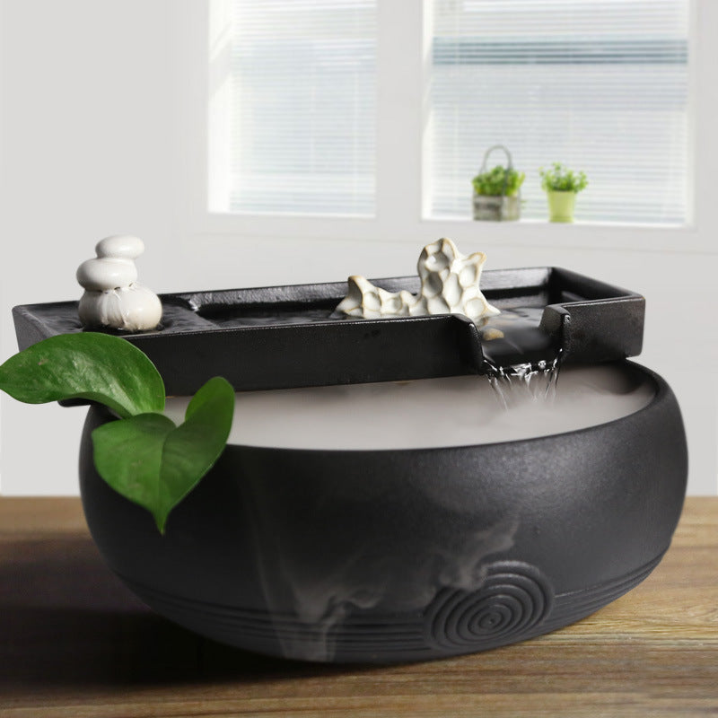 zensoullab Ceramic Water Flowing Tabletop Ornament Wealth-Attracting Desktop Tea Table Fountain Waterwheel Circulating Water Device Zen Small Gift