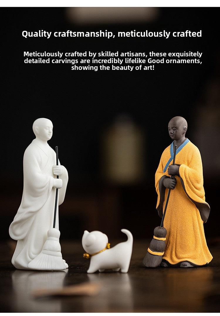 zensoullab Creative Ceramic Figure Sweeping Monk Zen Little Monk Ornament Home Living Room Curio Shelf Tea Room Bonsai Decoration
