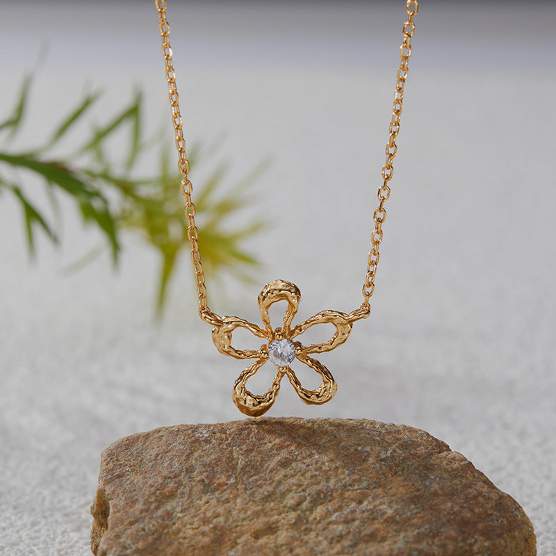 zensoullab Korean Version S925 Sterling Silver Zircon Colorful Gemstone Collarbone Chain Fashion Sweet Hollow Small Flower Pendant Necklace for Women