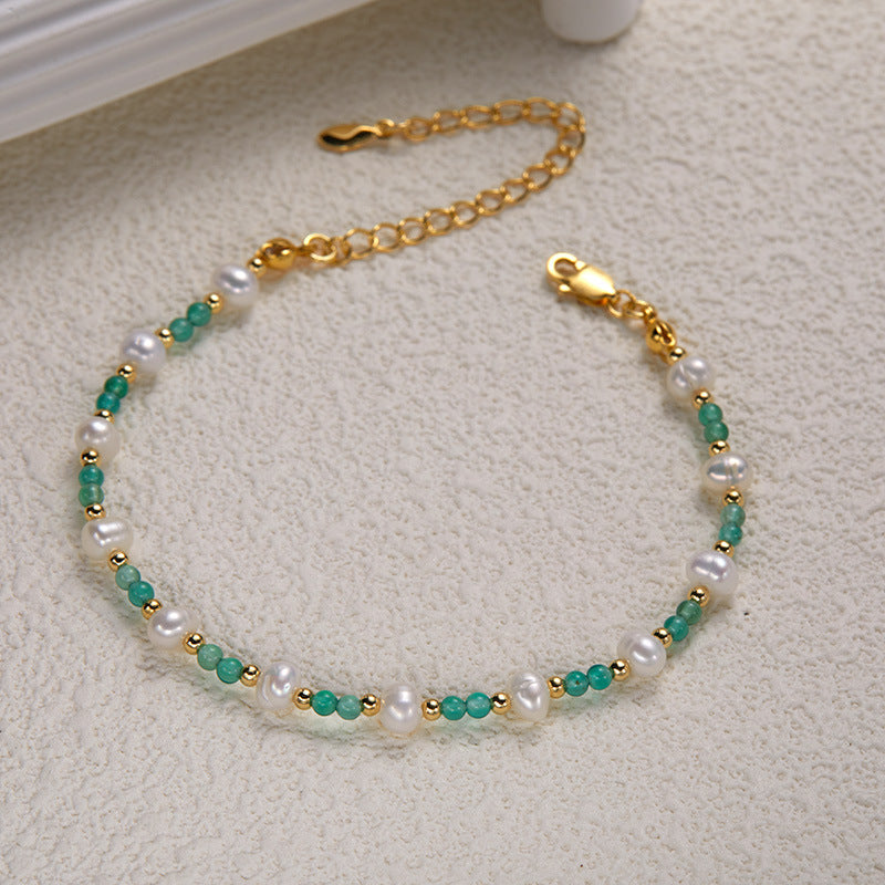 Zensoullab925 Sterling Silver Natural Pearl Green Chalcedony Colored Gems Necklace Women's High-Grade Sweet Personality Handmade Beaded