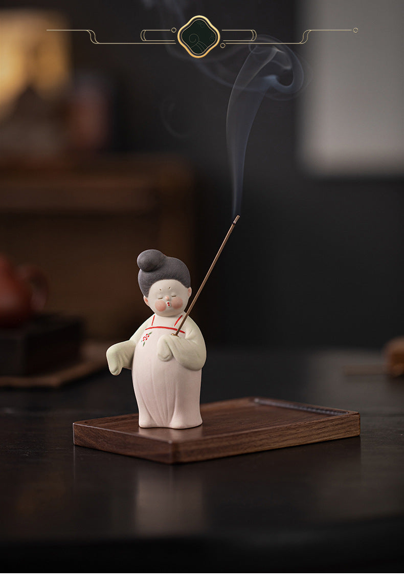 zensoullab Ancient Style Tang Dynasty Female Figure Ceramic Incense Burner Zen Incense Holder Incense Stand Chinese Tea Table Incense Ceremony Incense Burner Incense Burner Ornament