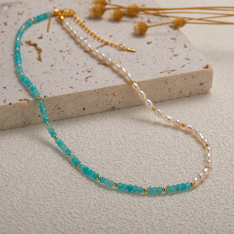 zensoullab S925 Sterling Silver Natural Amazonite and Freshwater Pearl Gemstone Necklace for Women, Niche Vintage Beaded Patchwork
