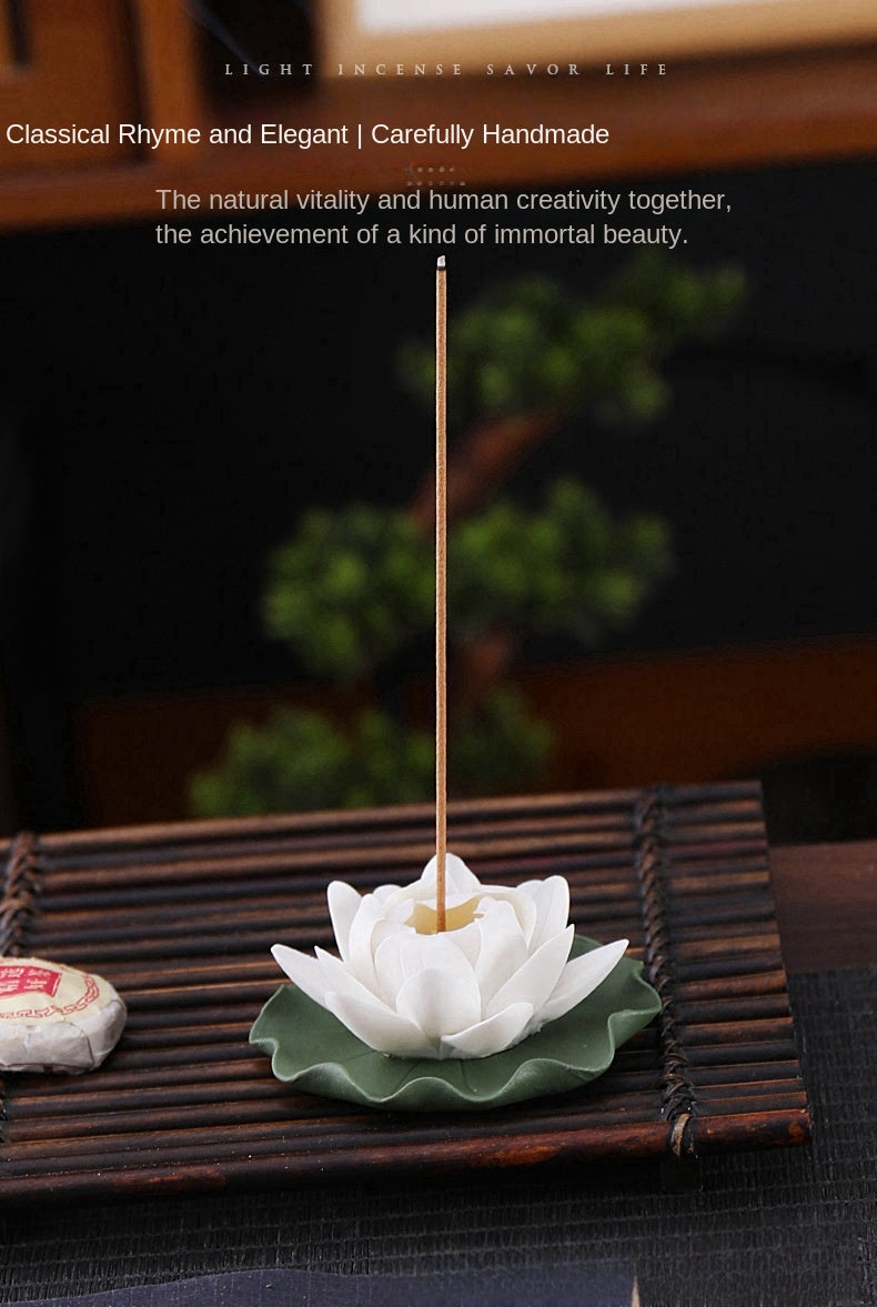 zensoullab Creative Ceramic Lotus Incense Holder Ornament Tea Pet Handmade Artificial Flower Home Small Incense Burner Incense Burner Agarwood Holder