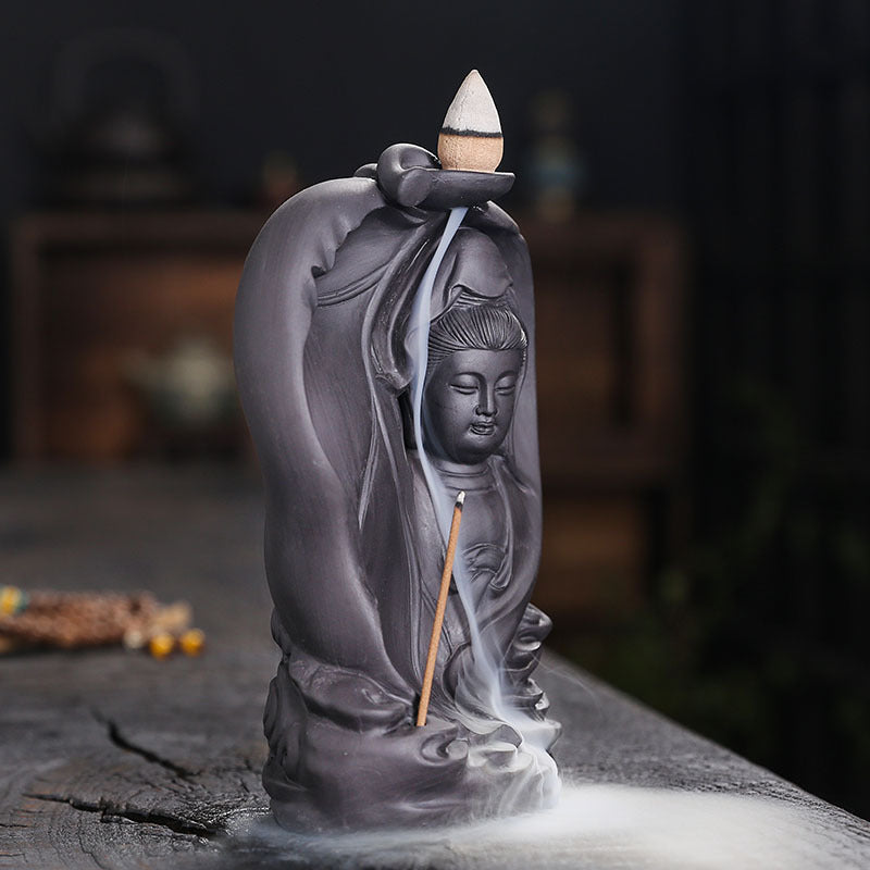 zensoullab Purple Clay Backflow Incense Burner Creative Bodhi Leaf Tathagata Guanyin Buddha Statue Backflow Incense Aromatherapy Burner Home Decor