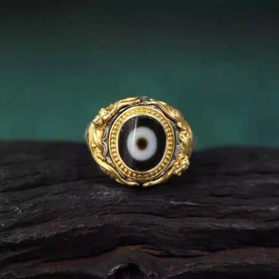 zensoullab Tibetan Broken Bead One-Eye Dzi Bead Ring Tibetan Style Handmade Inlaid Elegant Ethnic Retro Unisex Open Ring