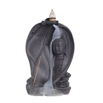 zensoullab Purple Clay Backflow Incense Burner Creative Bodhi Leaf Tathagata Guanyin Buddha Statue Backflow Incense Aromatherapy Burner Home Decor