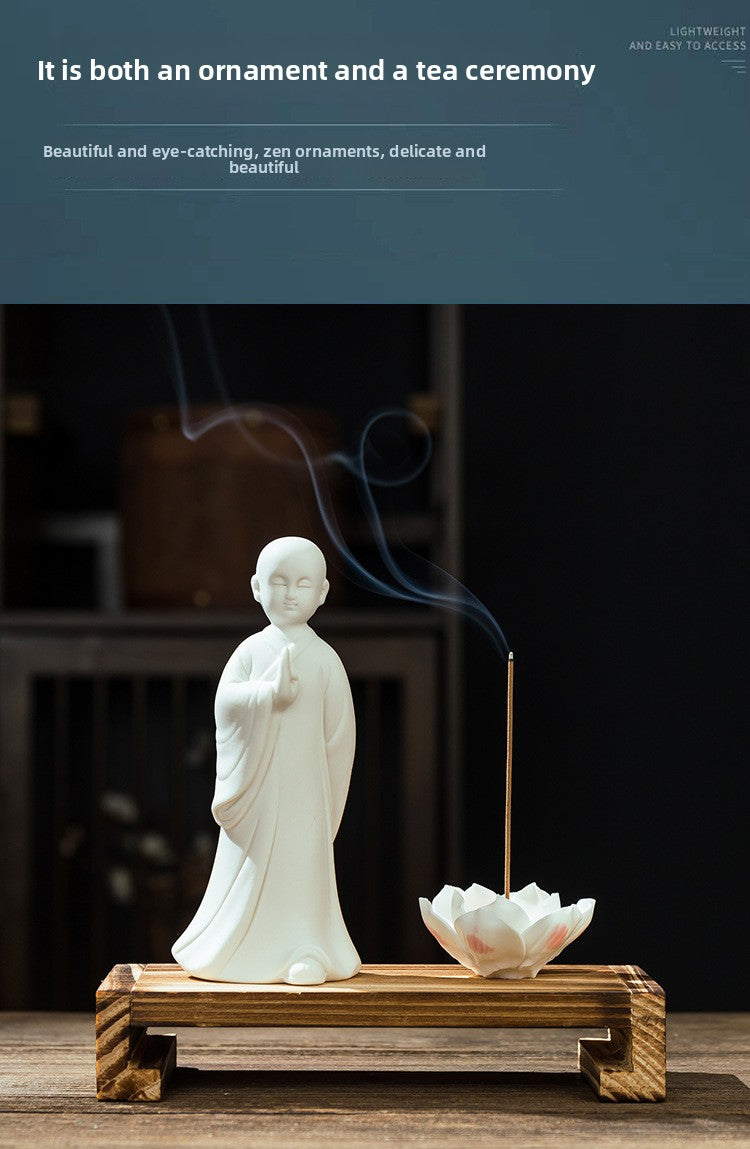 zensoullab Zen Ceramic Little Monk Figurine White Porcelain Little Novice Creative Chinese Style Living Room Entrance Tea Table Incense Home Decor