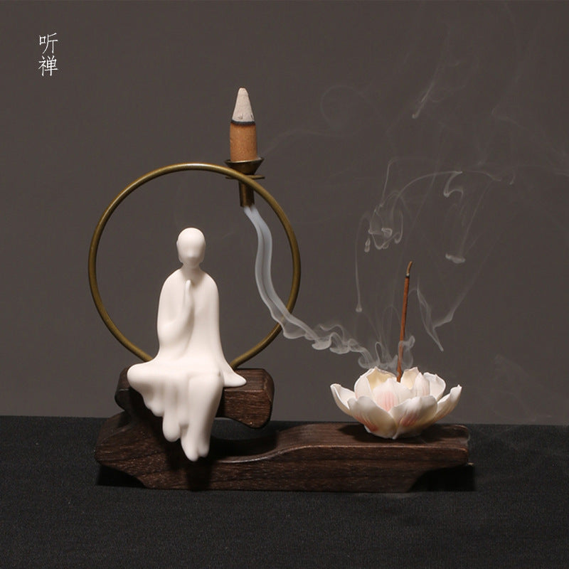 zensoullab Creative Chinese Ceramic Ornament Phaseless Buddha Statue Home Backflow Incense Burner Sandalwood Aromatherapy Burner Incense Holder Incense Device Wooden Incense Stand