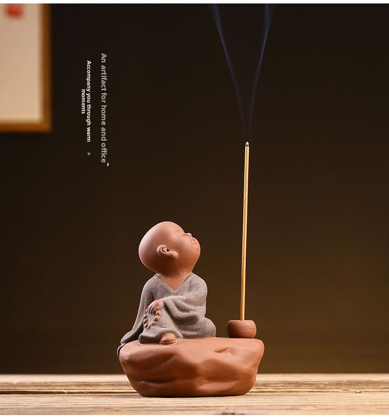 zensoullab Zen Purple Clay Little Monk Incense Holder Ornament for Car, Home, Indoor Living Room, Tea Tabletop, Incense Ceremony, Incense Seat, Incense Burner