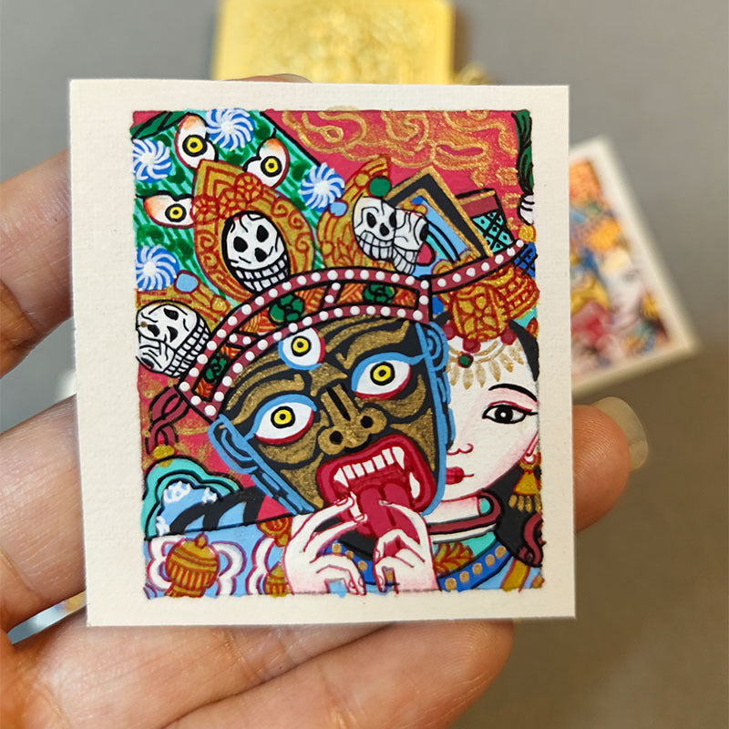 zensoullab Nepal Hand-painted Female God of Wealth Zaki Ram Past and Present Life Thangka Tibetan God of Wealth Small Thangka Gawu Box Pendant