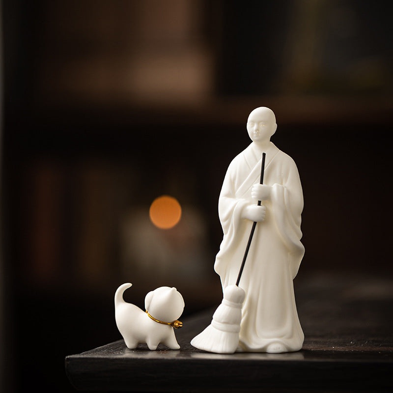 zensoullab Creative Ceramic Figure Sweeping Monk Zen Little Monk Ornament Home Living Room Curio Shelf Tea Room Bonsai Decoration