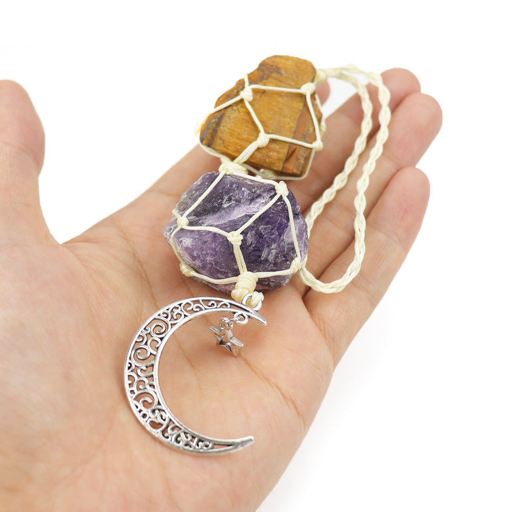zensoullab Handmade Woven Raw Stone Crystal Pendant Star Moon Net Bag Car Hanging Amethyst Ornament