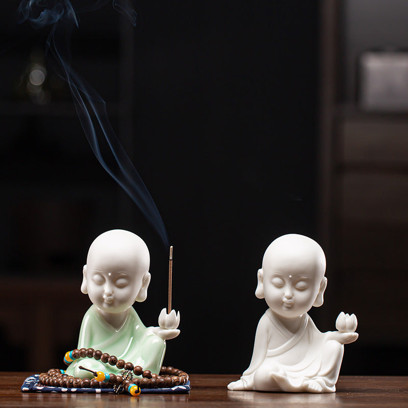 Zensoullab Creative Chinese Ceramic Ornaments Household Line Aromatherapy Stove Samanera Little Monk Incense Holder Incense Burner Tray Sandalwood Holder Indoor