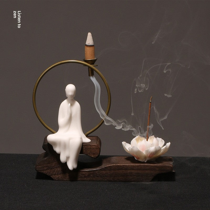 zensoullab Creative Chinese Ceramic Ornament Phaseless Buddha Statue Home Backflow Incense Burner Sandalwood Aromatherapy Burner Incense Holder Incense Device Wooden Incense Stand