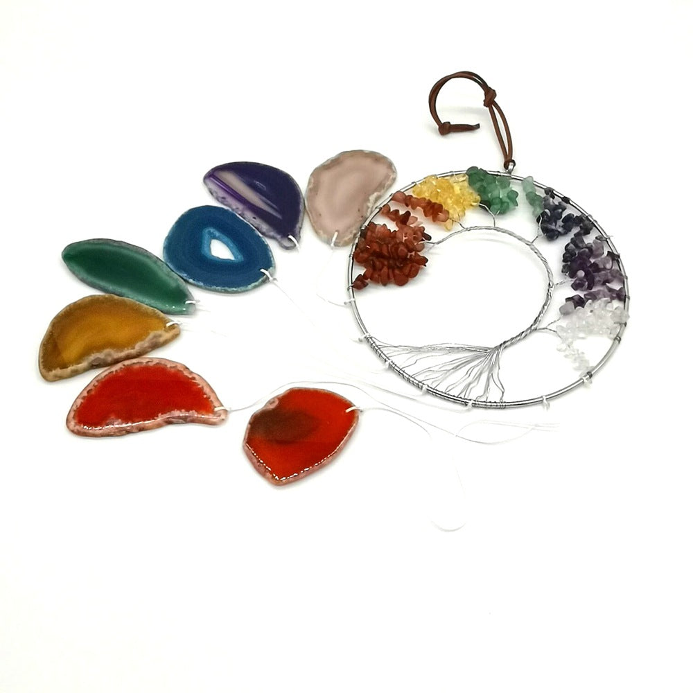 zensoullab Handmade Wrapped Natural Crushed Stone Tree of Life Agate Slice Hanging Ornament Garden Decoration Curtain Pendant