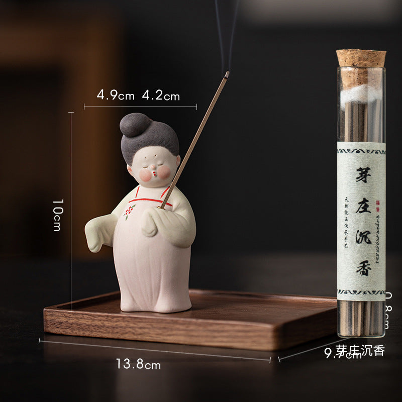 zensoullab Ancient Style Tang Dynasty Female Figure Ceramic Incense Burner Zen Incense Holder Incense Stand Chinese Tea Table Incense Ceremony Incense Burner Incense Burner Ornament