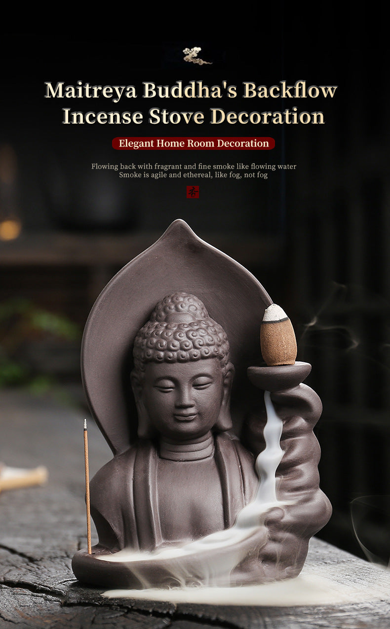 zensoullab Purple Clay Buddha Backflow Incense Burner Creative Lotus Leaf Buddha Backflow Sandalwood Incense Burner Craft