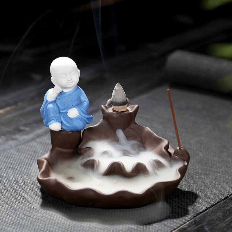 zensoullab Creative Simple Ceramic Little Monk Backflow Incense Burner Purple Clay Zen Incense Burner Incense Holder Home Tea Ceremony Home Decor