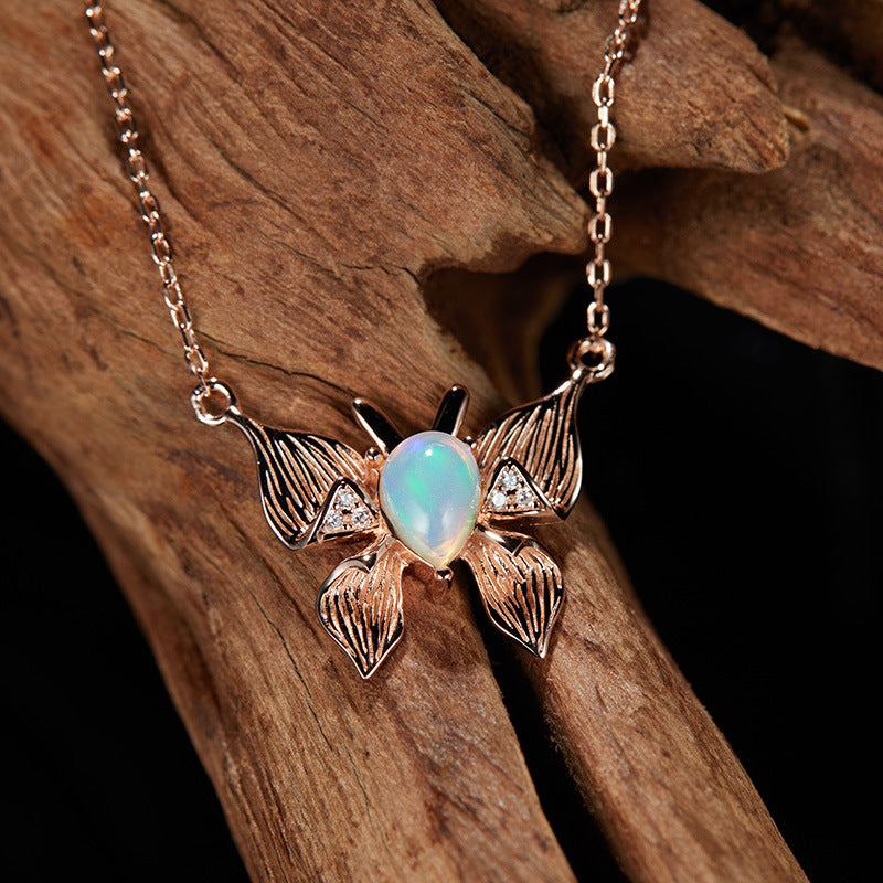 zensoullab Custom Personalized Butterfly Style S925 Sterling Silver Inlaid Natural Gemstone Opal Necklace for Women Live Streaming Hot-Selling Collarbone Chain