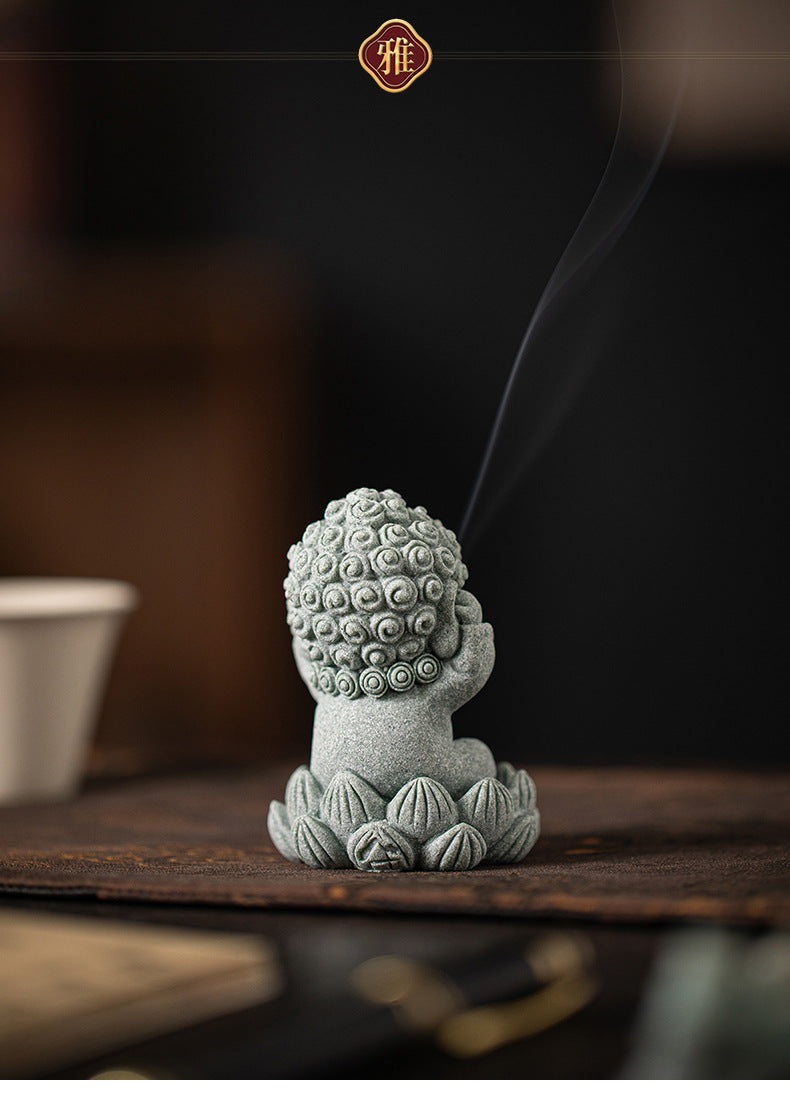zensoullab Zen Style Chinese Qingsha Cultural Creative Four Small Buddha Incense Holder Incense Stand Incense Tray Tea Pet Living Room Indoor Tea Ceremony Aromatherapy Burner