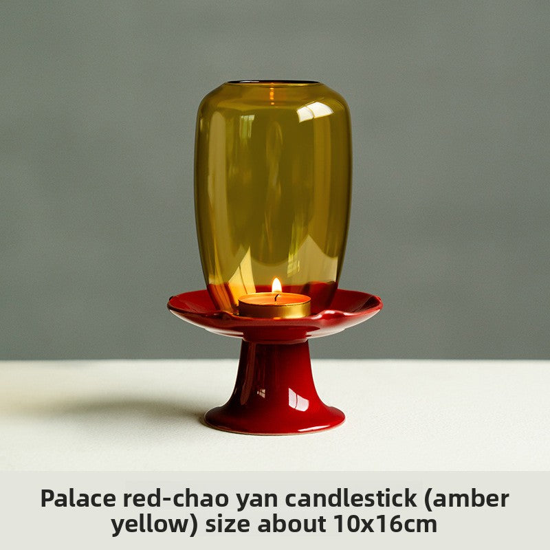 zensoullab New Chinese Style Forbidden City Red Morning Glory Candle Holder Ceramic Base Zen Glass Lampshade Aromatherapy Home Tea Ceremony Accessories Ornament