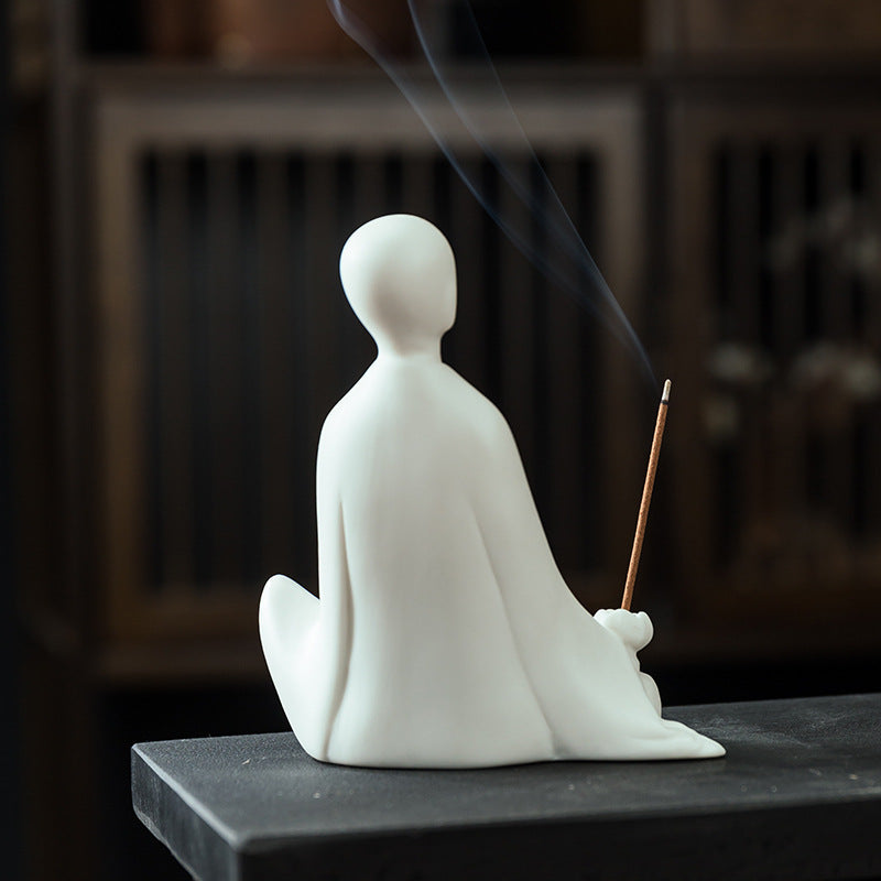 zensoullab Zen Ceramic Formless Buddha Chinese Style Living Room Tea Room Desktop Ornament White Porcelain Little Monk Fish Tank Bonsai Decoration Figurine