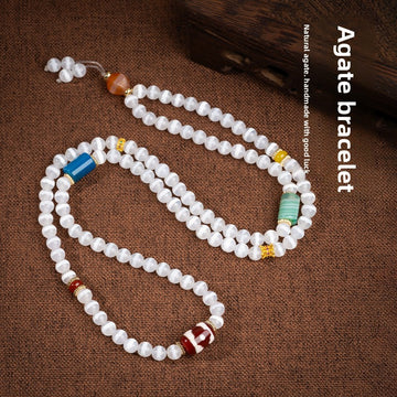 zensoullab Natural Medicine One-Eye Dzi Bead Necklace White Agate Multi-Circle Pendant Unisex Braided Necklace In Stock