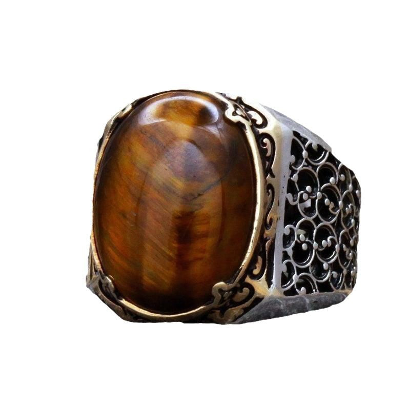 zensoullab Turkish B Handmade Vintage Exquisite Cabochon Brown Open Natural Tiger Eye Stone Carved Ring