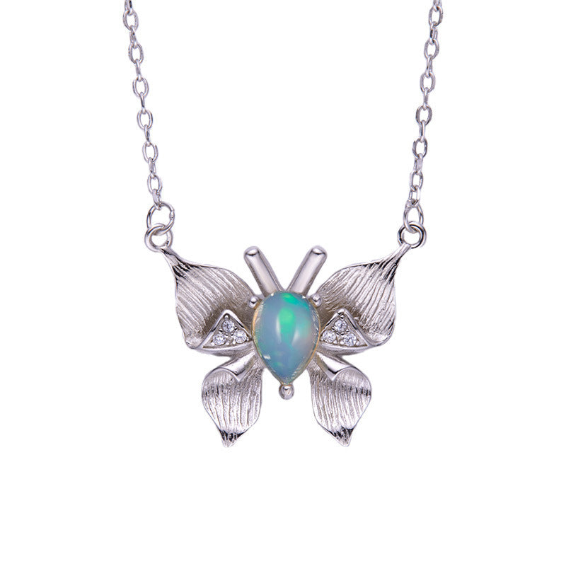zensoullab Custom Personalized Butterfly Style S925 Sterling Silver Inlaid Natural Gemstone Opal Necklace for Women Live Streaming Hot-Selling Collarbone Chain